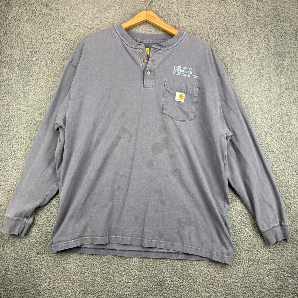Carhartt Mens XL Gray Long Sleeve Henley Pocket T-Shirt Workwear Distressed 9963